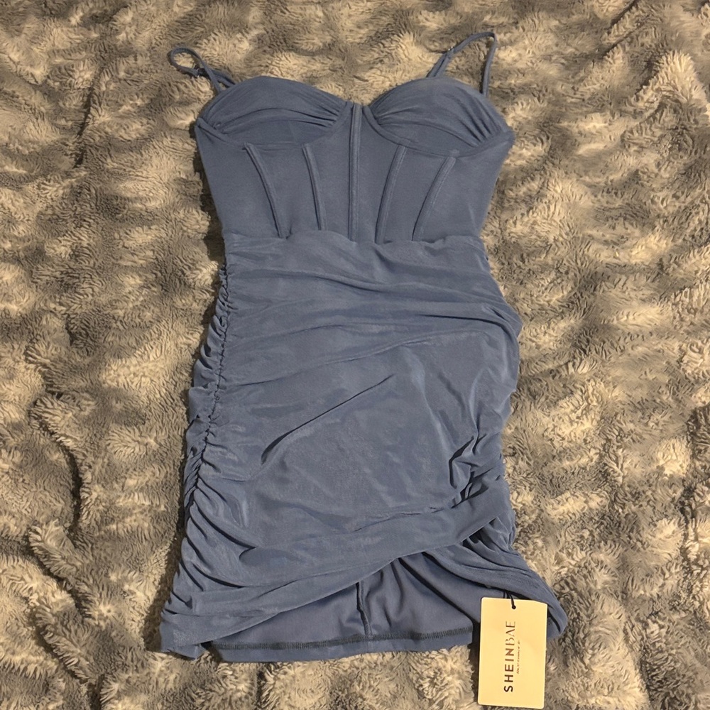 SHEIN Dusty Blue Ruched Mini Dress